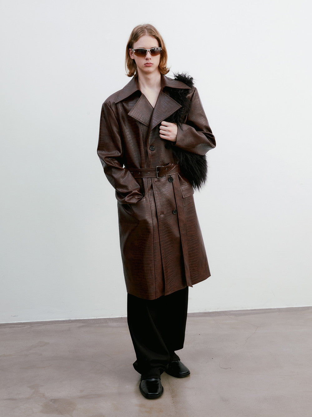 Unisex Big-Collar Vintage Oversize Drop-Shoulder Leather Long-Coat