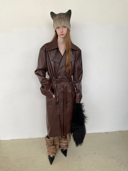 Unisex Big-Collar Vintage Oversize Drop-Shoulder Leather Long-Coat