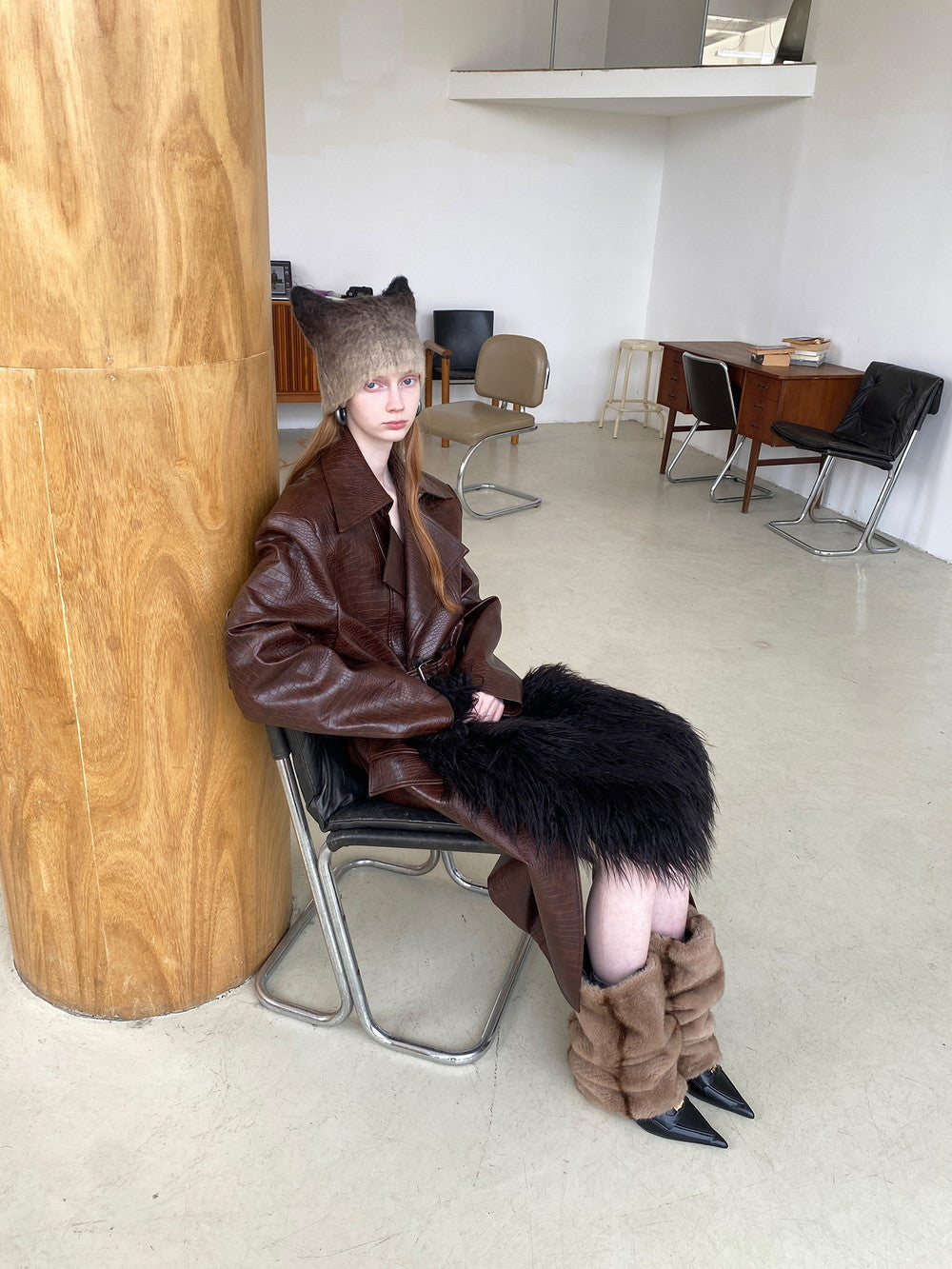 Unisex Big-Collar Vintage Oversize Drop-Shoulder Leather Long-Coat