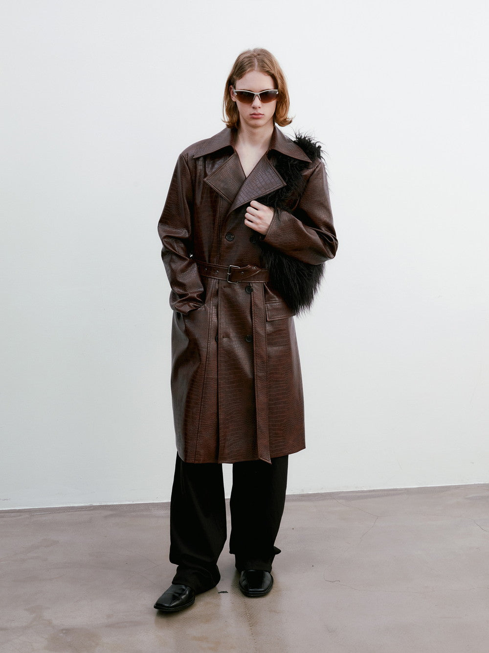 Unisex Big-Collar Vintage Oversize Drop-Shoulder Leather Long-Coat