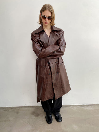 Unisex Big-Collar Vintage Oversize Drop-Shoulder Leather Long-Coat