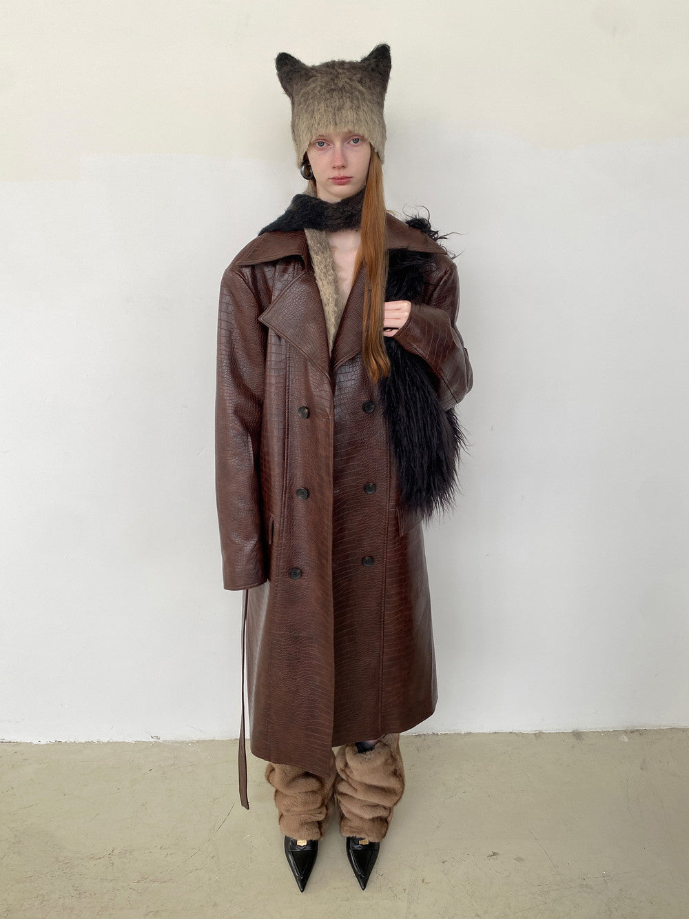 Unisex Big-Collar Vintage Oversize Drop-Shoulder Leather Long-Coat