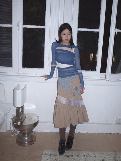 Panel Denim Nichi Sheer Patchwork Unique Tiered Skirt