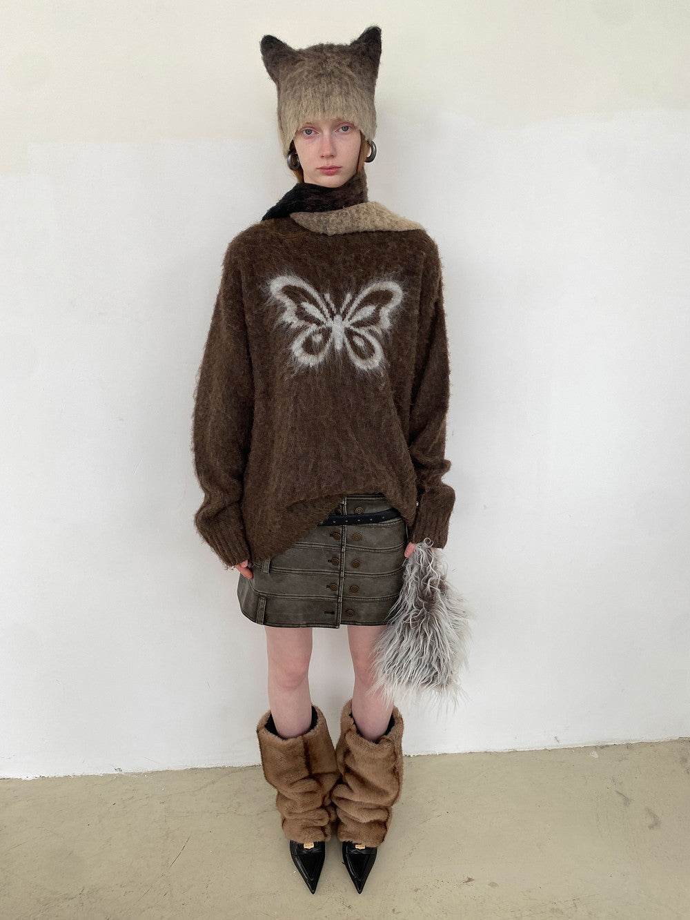 Unisex Butterfly Fluffily Retro Crew-Neck Oversize Mohair-Knit