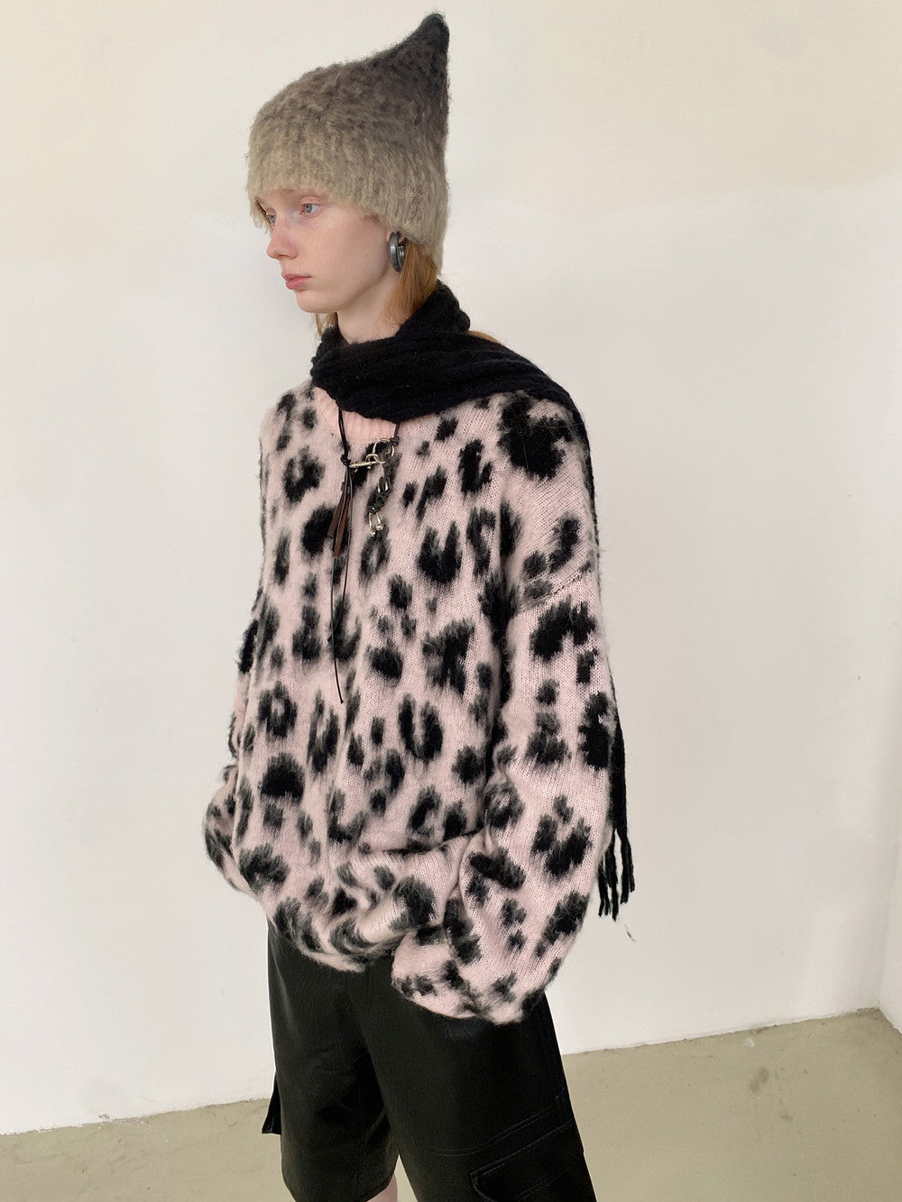 Unisex Leopard Fluffily Casual Loose Oversize Crew-Neck Mohair-Knit