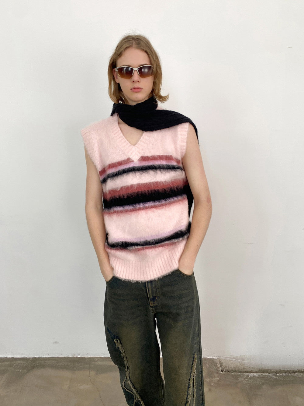 Unisex Border Mohair-Knit Retro V-Neck Fluffily Vest