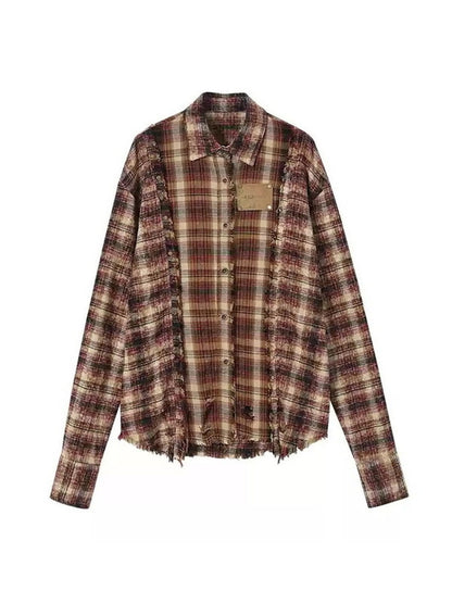 Checked Ovresize Retro Star Damage Tassel Collared-Shirt