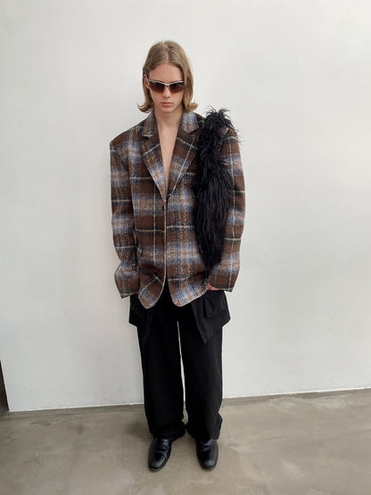 Unisex Checked Retro Drop^Shoulder Wool Jacket