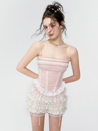 Lace-Up Rose Ribbon Princess Camisole&amp;Short-Pants