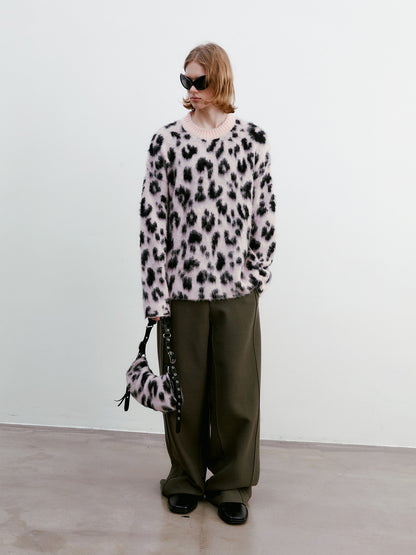 Unisex Leopard Fluffily Casual Loose Oversize Crew-Neck Mohair-Knit