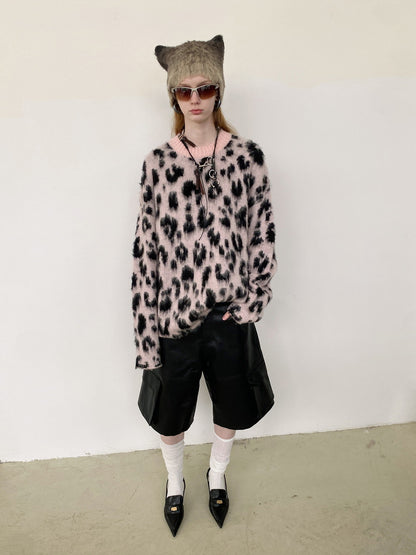 Unisex Leopard Fluffily Casual Loose Oversize Crew-Neck Mohair-Knit