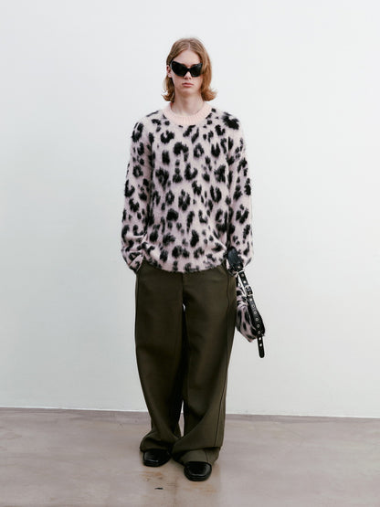 Unisex Leopard Fluffily Casual Loose Oversize Crew-Neck Mohair-Knit