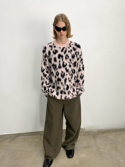 Unisex Leopard Fluffily Casual Loose Oversize Crew-Neck Mohair-Knit