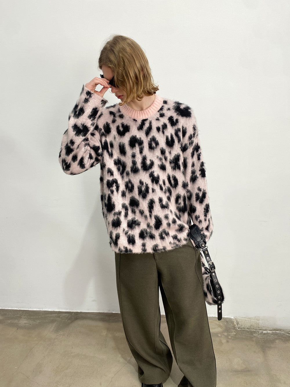 Unisex Leopard Fluffily Casual Loose Oversize Crew-Neck Mohair-Knit