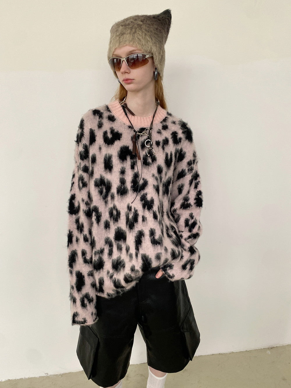 Unisex Leopard Fluffily Casual Loose Oversize Crew-Neck Mohair-Knit