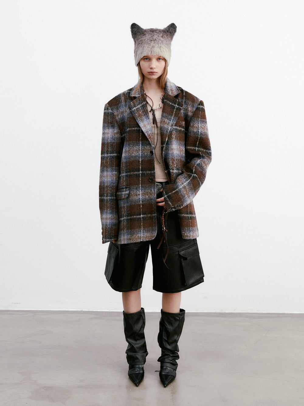 Unisex Checked Retro Drop^Shoulder Wool Jacket