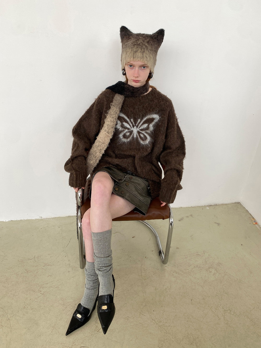 Unisex Butterfly Fluffily Retro Crew-Neck Oversize Mohair-Knit