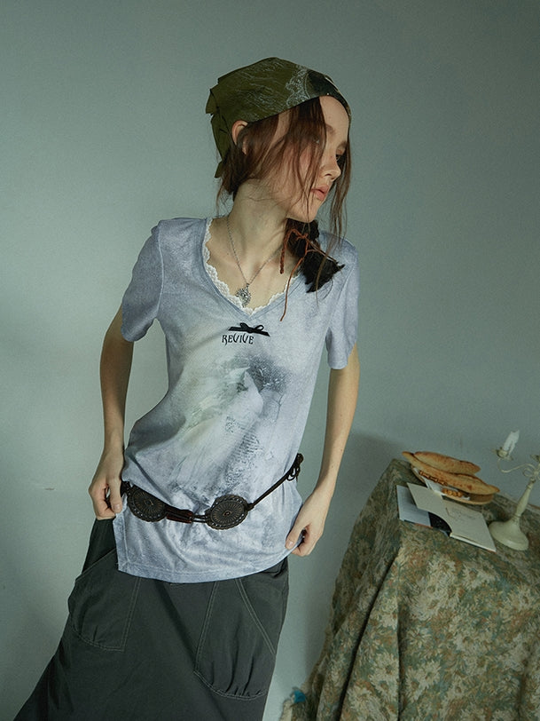 Lace Asymmetry Tie-dye Oversize T-shirt