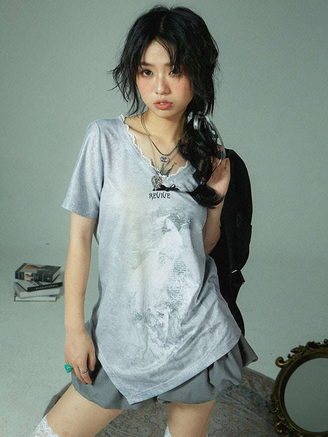 Lace Asymmetry Tie-Dye Oversize T-Shirt