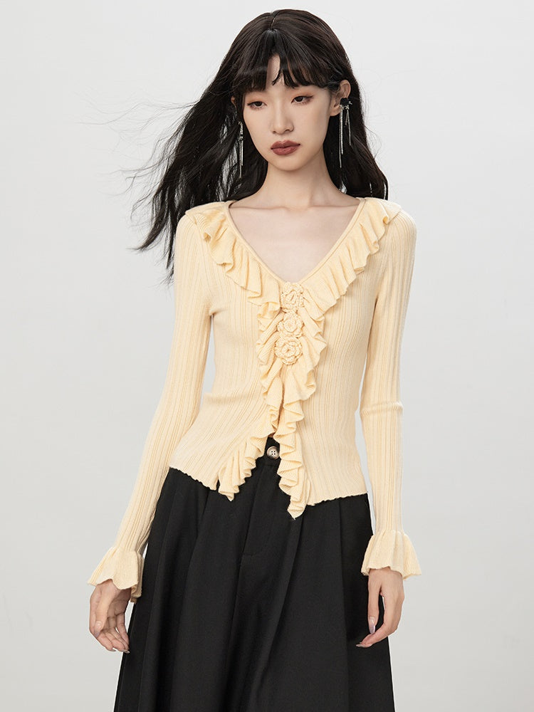 Ruffle Rose Frill Flower Slim Knit