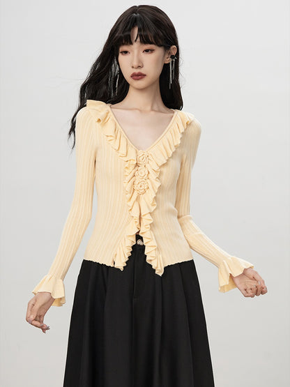 Ruffle Rose Frill Flower Slim Knit