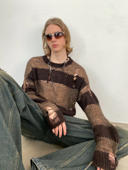 Unisex Border Damage Ovresize Casual Loose Knit