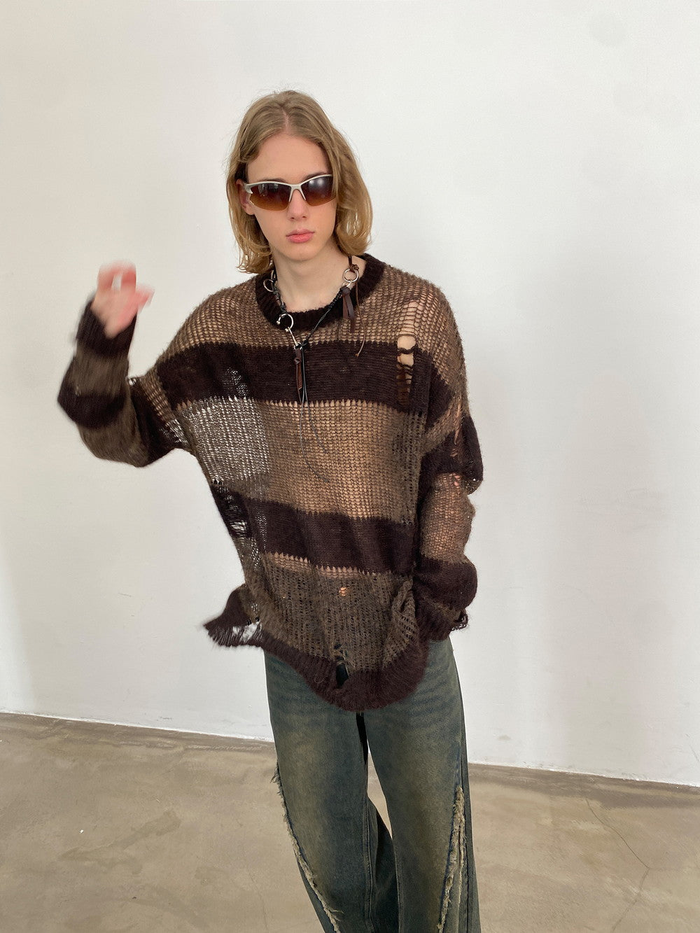 Unisex Border Damage Ovresize Casual Loose Knit