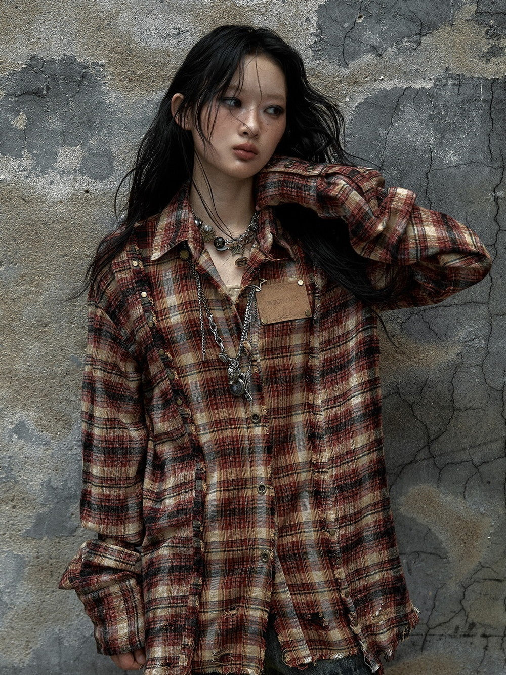 Checked Ovresize Retro Star Damage Tassel Collared-Shirt