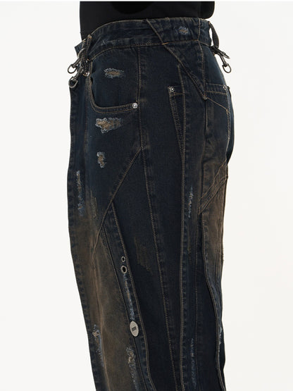 Metal-Ring Denim Washed Straight Nichi Damage Pants