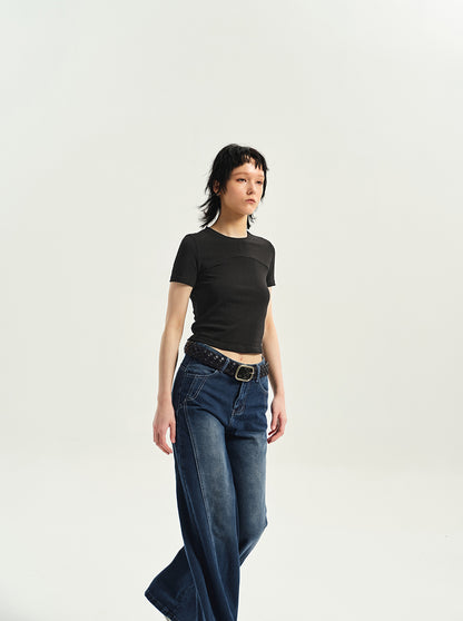 Crew-neck Cropped Plain T-shirt