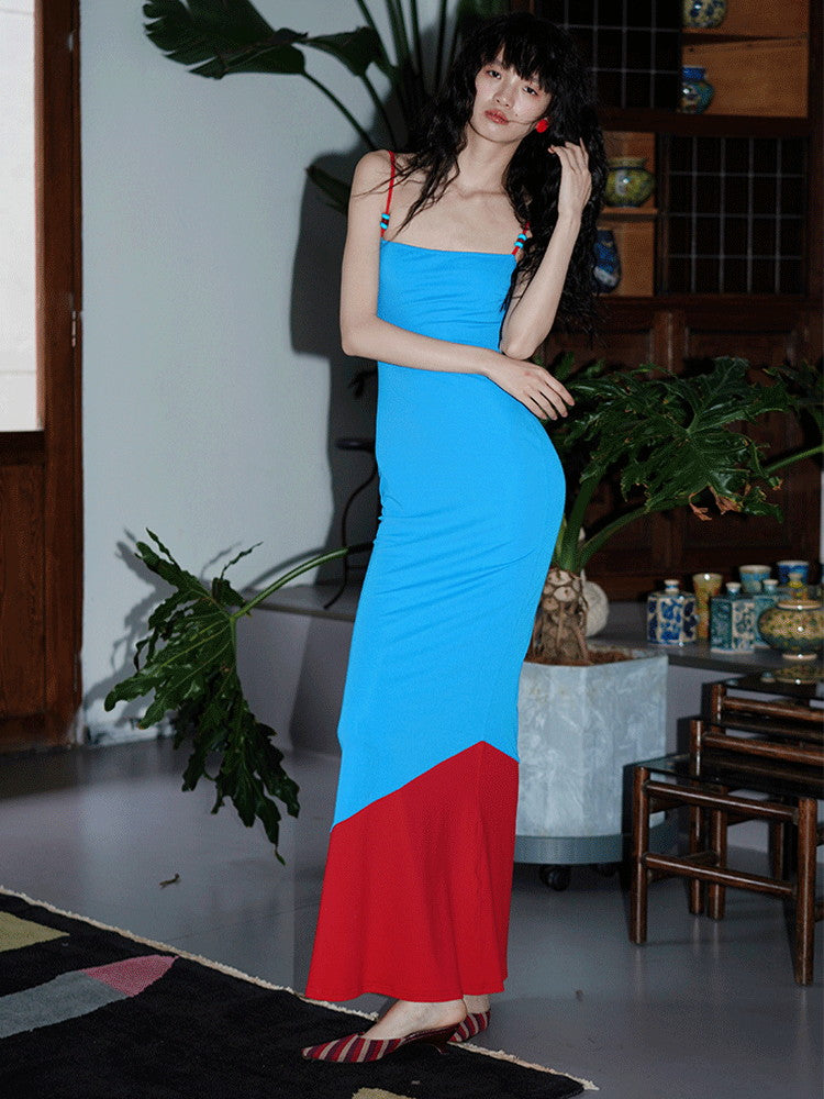 Tight Bi-Color Vivid Unique Camisole Sheer Long-Dress