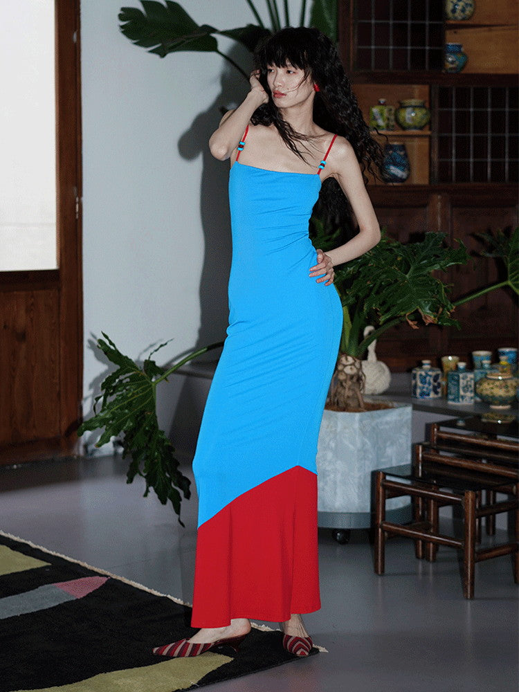 Tight Bi-Color Vivid Unique Camisole Sheer Long-Dress