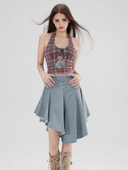 Checked Girly Halter-Neck Back-Open Mellow Casual Tops