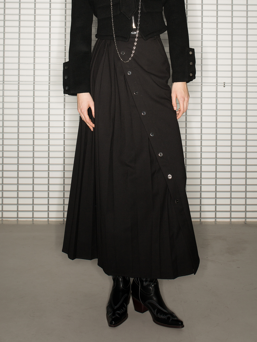 Box-Pleatas Button Wrap Plain Nichi Long-Skirt