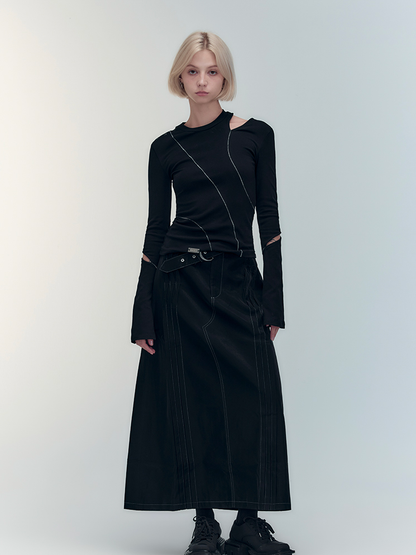 Leather Stitch Cool High-End Long-Skirt