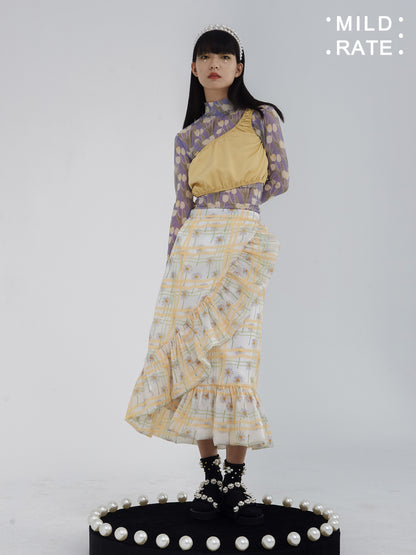 Wrap Flower Frill Girly Flare Retro Checked Long-Skirt