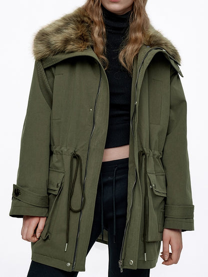 Drawstring Fur Casual Fur Stand-Collar Plain Big-Pocket Jacket