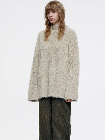 Oversize Long Fluffily Chic Hoodie Earth-Color Mohair-Knit