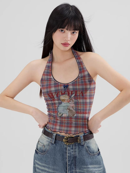 Checked Girly Halter-Neck Back-Open Mellow Casual Tops