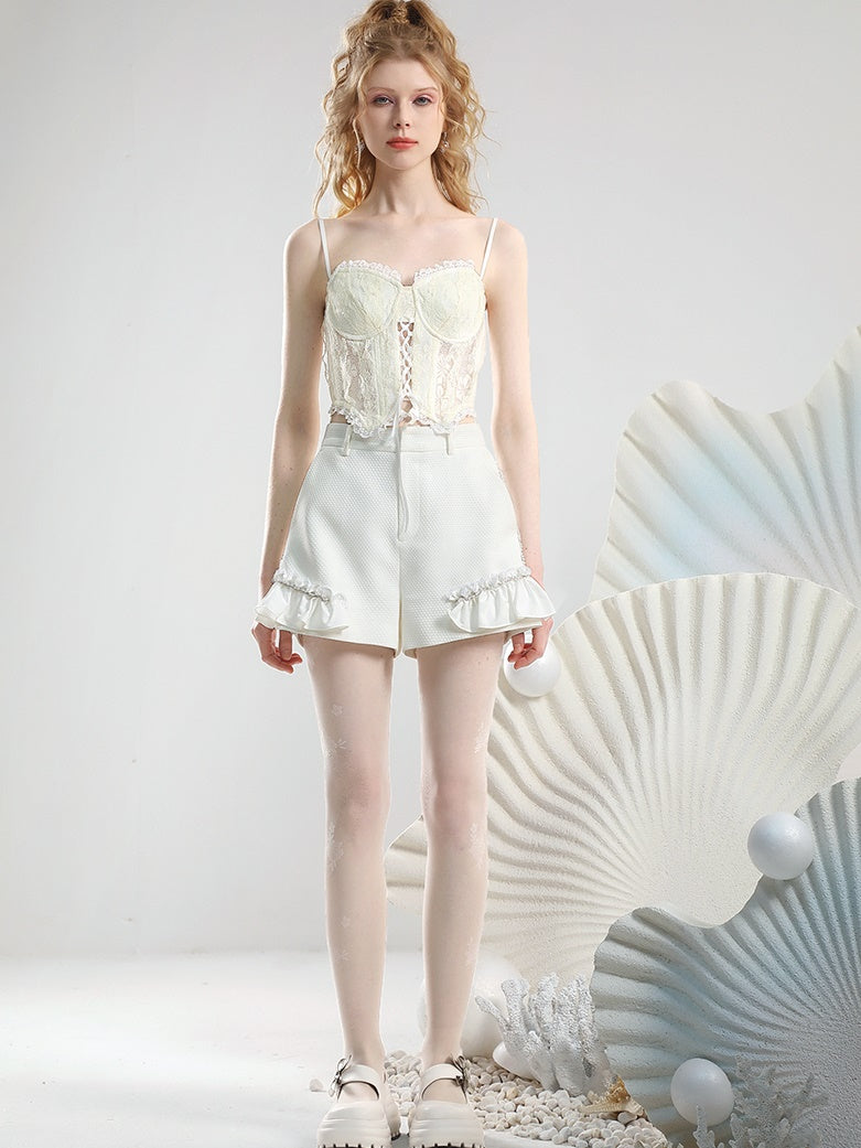 Set-Up Frill Nichi Lace Embroidery Vest＆Short-Pants