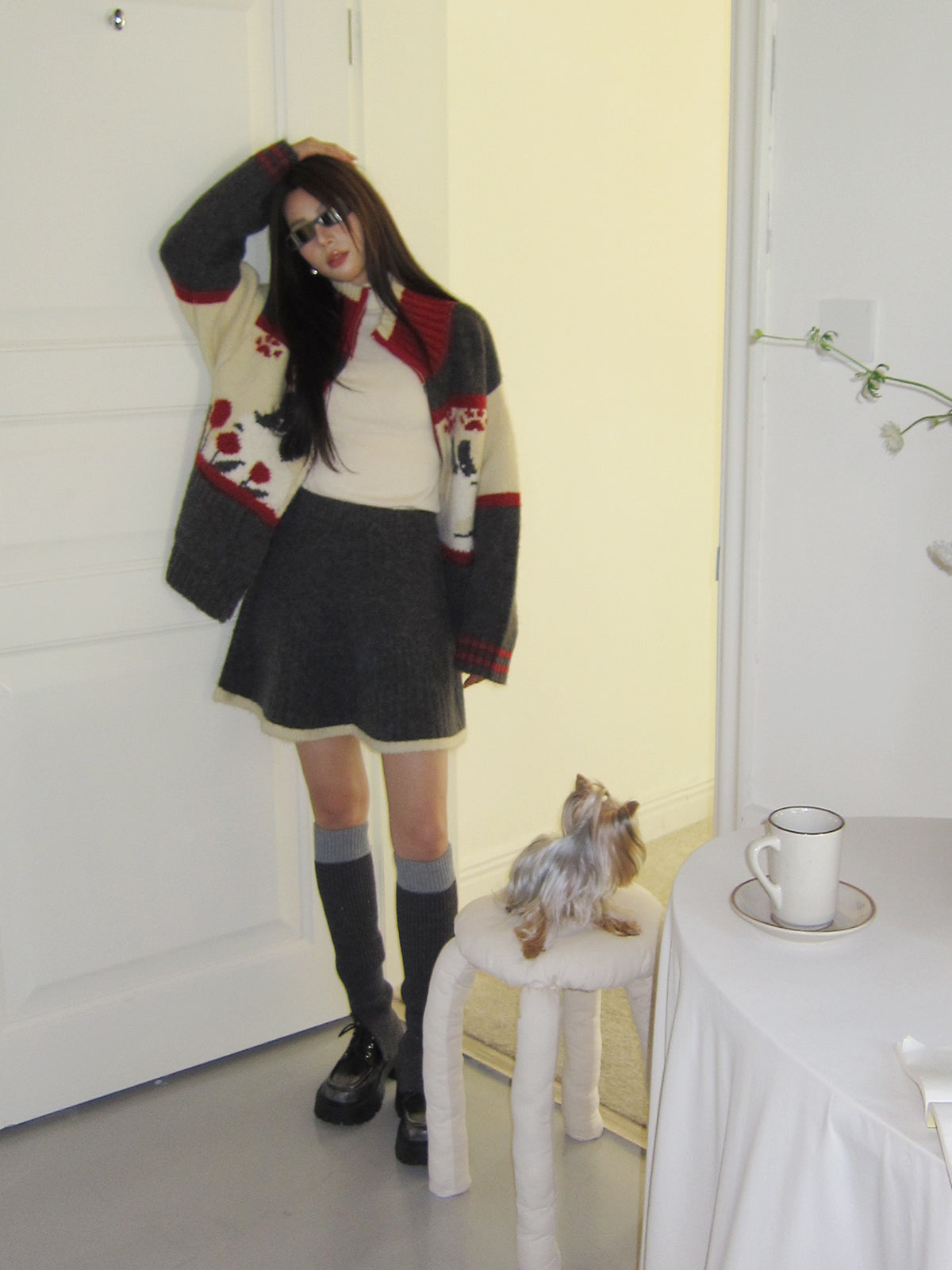 Knit＆Mini-Skirt Retro High-Neck Casual Zip Set-Up