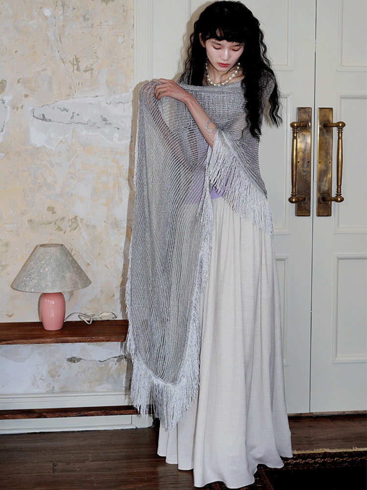 Mesh Metallic Tassel Fringe Sheer Stole