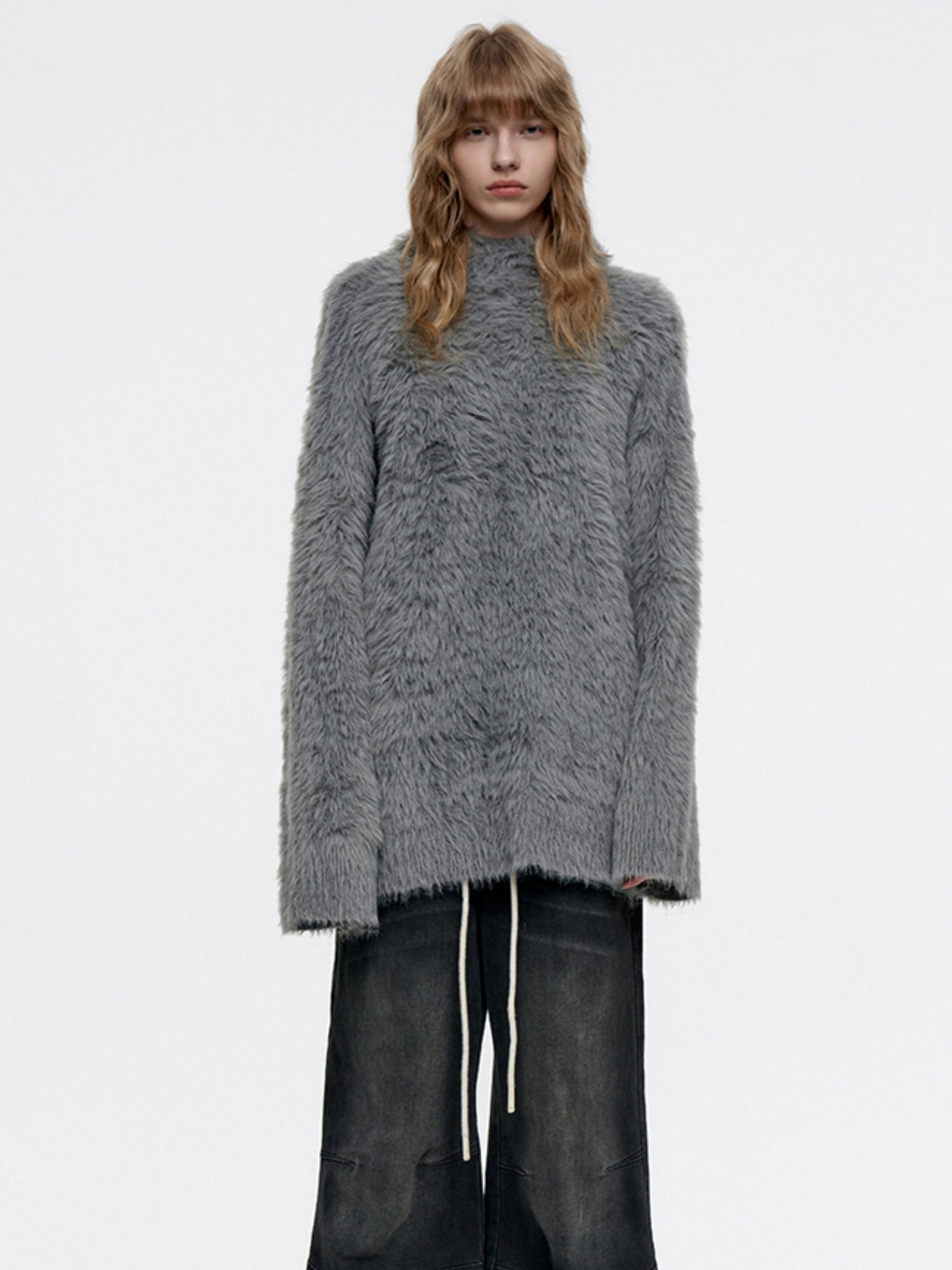 Oversize Long Fluffily Chic Hoodie Earth-Color Mohair-Knit