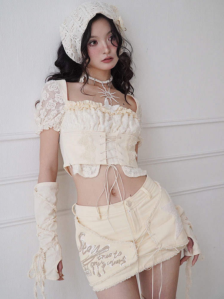 Gather Frull Lace-Up Natural Short Flower-Lace Blouse