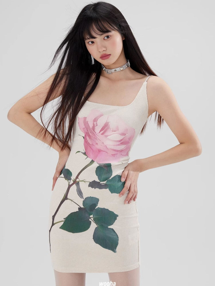 Tight Slim-Fit Body-Conscious Camisole Flower Short One-Pieec