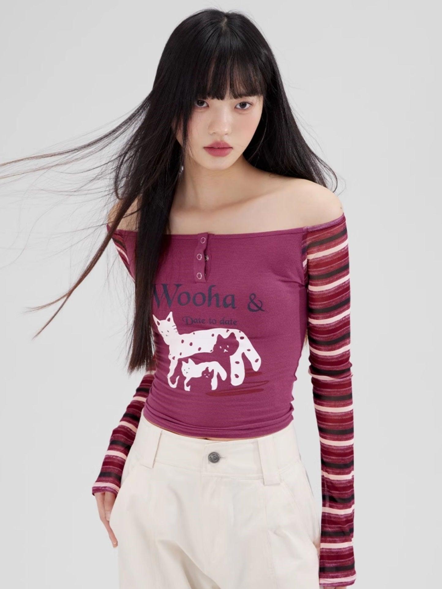 Off-Shoulder Border Animal Cat Fancy Unique Casual Tops