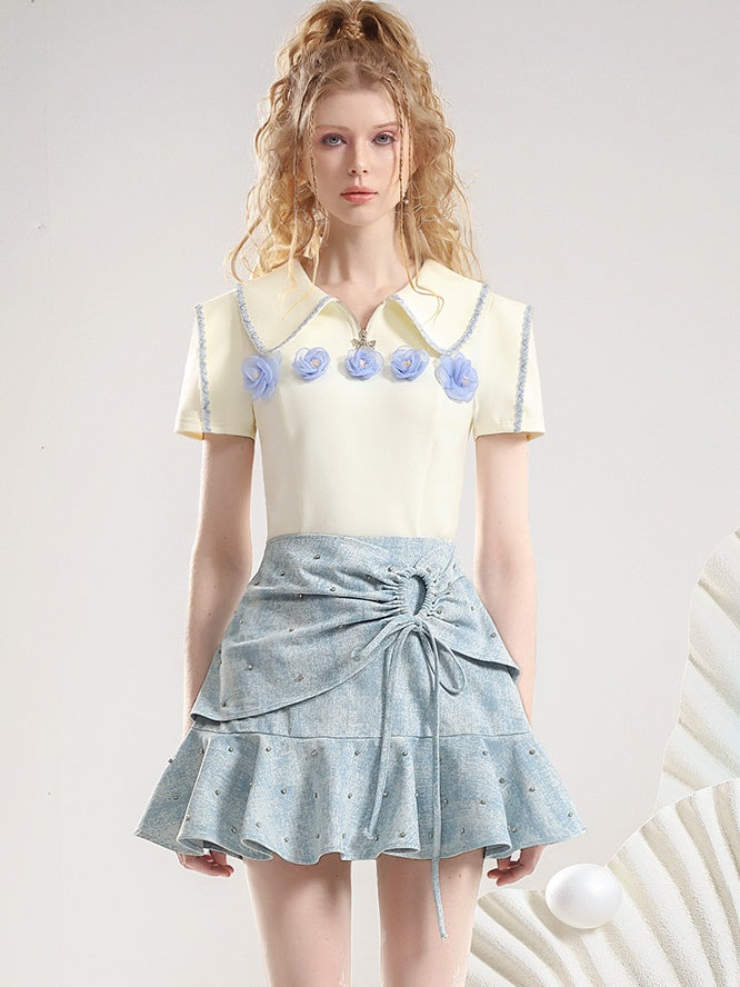 Set-Up Flower Drawstring Tiered Bijou Feminine Blouse＆Mini-Skirt