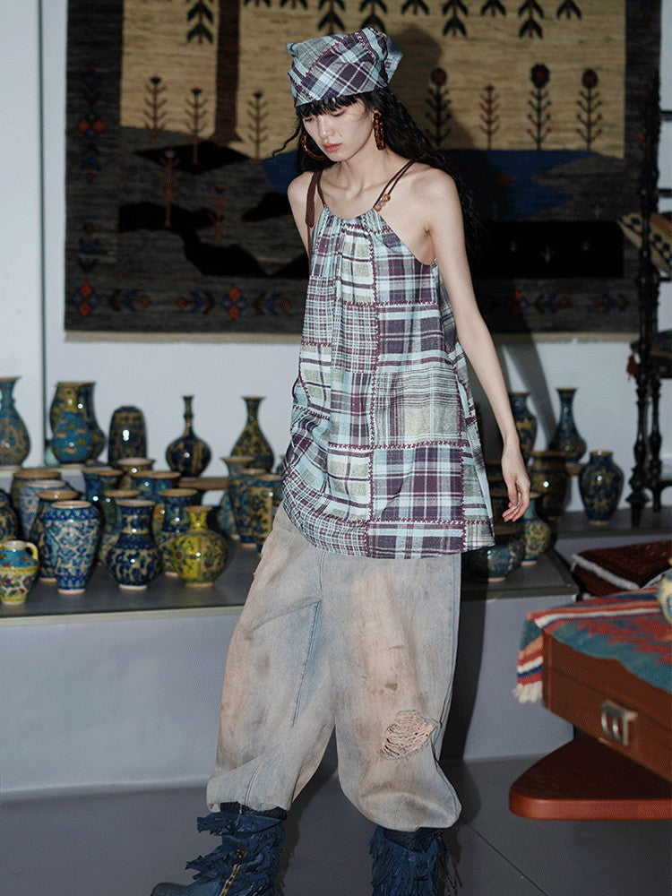 Patchwork Fancy Checked Back-Open Dress