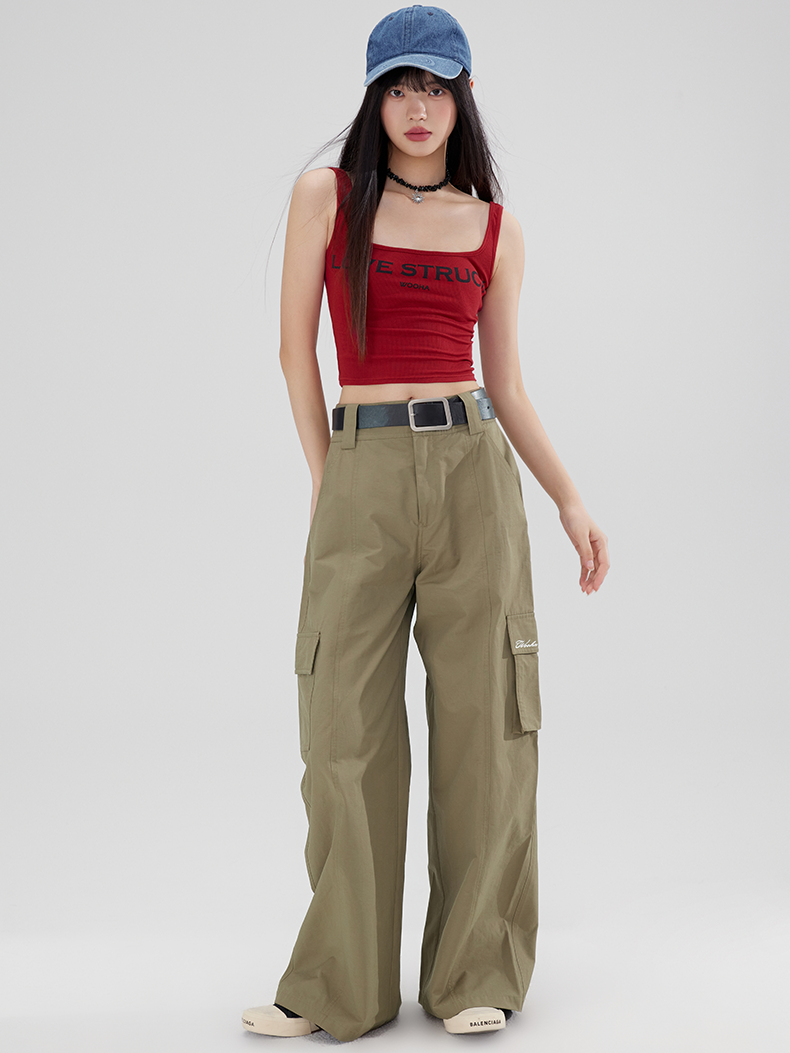 Casual Wide-Leg Side-Pocket Straight Plain Wide-Pants