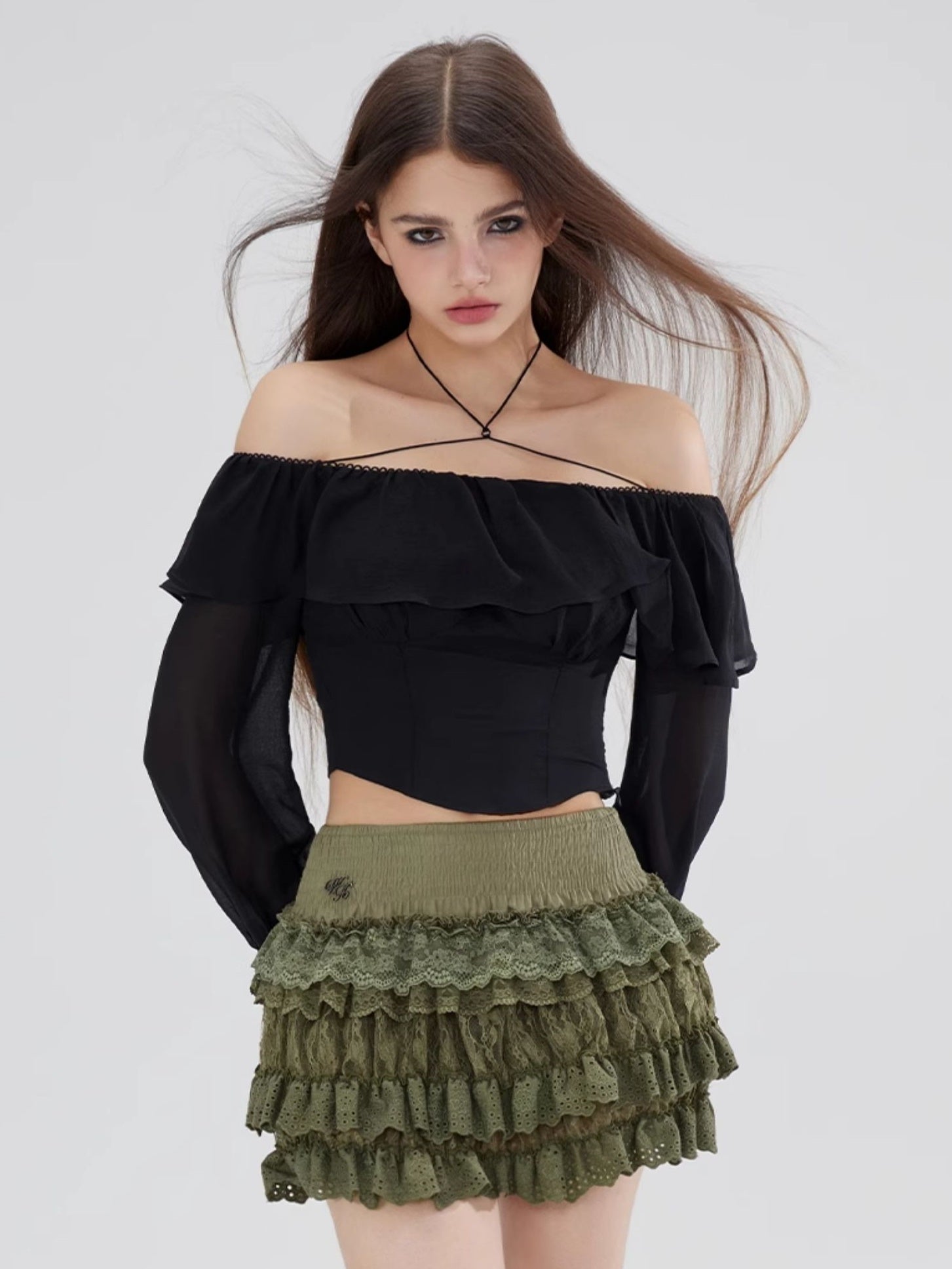 Off-Shoulder Ruffle Frill Plain Candy-Sleeve Blouse